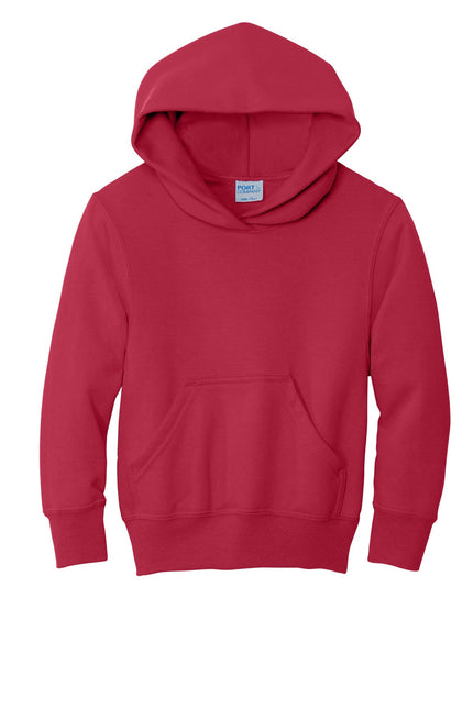 Red Port & Company Youth Core Fleece Pullover Hoodie, front view showing cozy hood and soft fleece material.