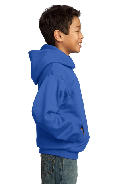 Royal Port & Company youth core fleece pullover hoodie, front view showing hood and soft fleece fabric.