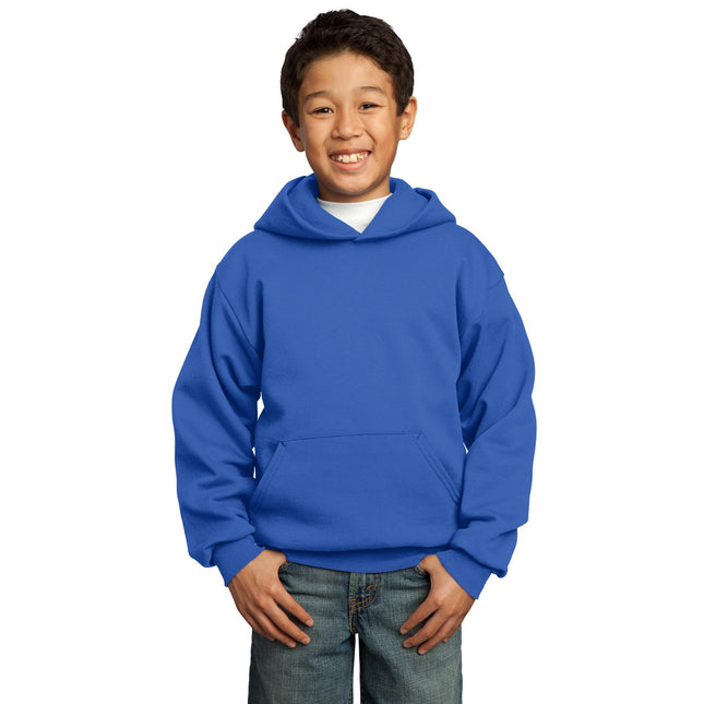 Youth Port & Company Royal Core Fleece Pullover Hoodie, front view showing hood and soft fleece material.