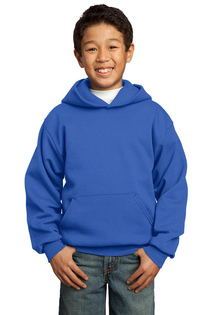 Youth Port & Company Royal Core Fleece Pullover Hoodie, front view showing hood and soft fleece material.