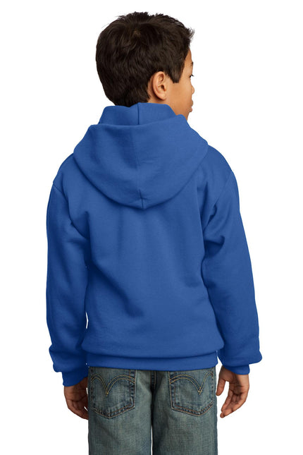 Royal Port & Company youth core fleece pullover hoodie, front view showing adjustable drawstring hood and soft fleece fabric.