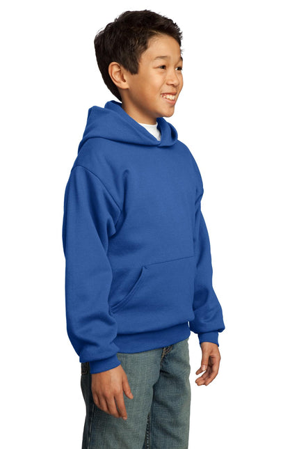 Youth Port & Company Royal Core Fleece Pullover Hoodie, front view showing soft fleece fabric and adjustable drawstring hood.