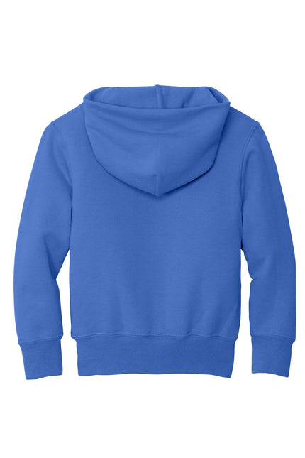 Royal Port & Company Youth Core Fleece Pullover Hooded Sweatshirt, front view showing soft fleece material and adjustable hood.
