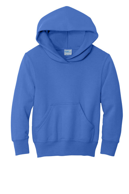 Royal Port & Company youth fleece pullover hoodie, front view showing soft fleece material and hood with drawstrings.