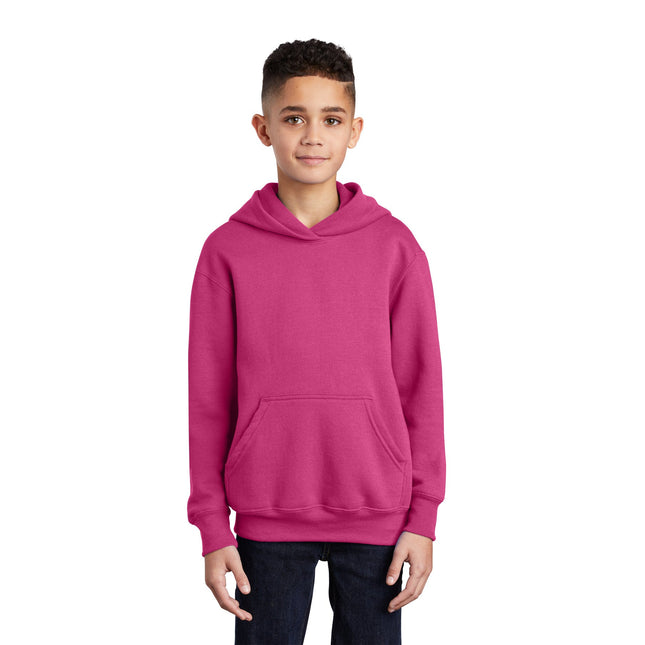 Youth Port & Company Sangria fleece pullover hoodie with front pocket and adjustable drawstrings, casual and comfortable for teens.