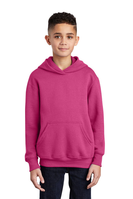 Youth Port & Company Sangria fleece pullover hoodie with front pocket and adjustable drawstrings, casual and comfortable for teens.