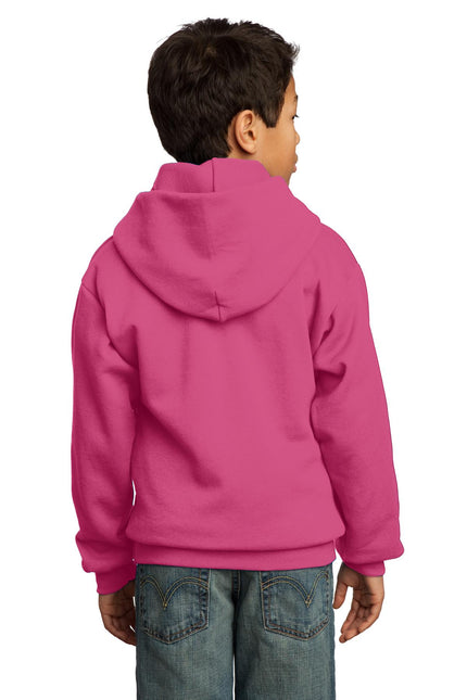 Youth Port & Company Sangria fleece pullover hooded sweatshirt, soft and cozy, featuring a hood and front pocket.