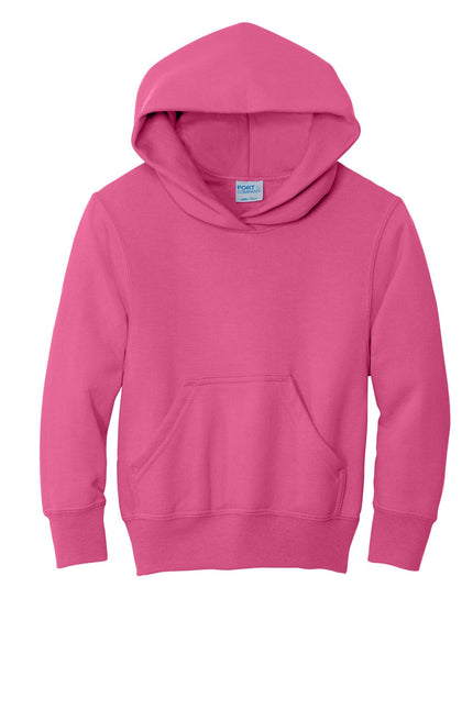 Youth Port & Company Sangria fleece pullover hoodie with front pocket and adjustable drawstring.