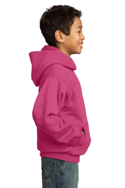 Youth Port & Company Core Fleece Pullover Hoodie in Sangria, front view showing hood and soft fleece material.