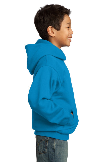 Youth Port & Company fleece pullover hoodie in sapphire, featuring a cozy fleece material and adjustable drawstring hood.