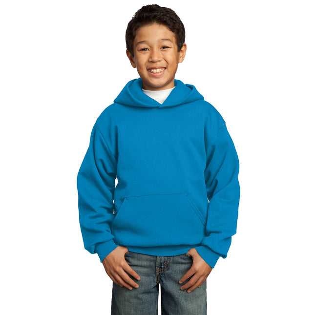 Youth Port & Company Core Fleece Pullover Hoodie in sapphire, showing front view with hood and kangaroo pocket.