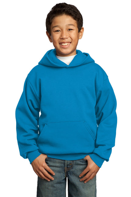 Youth Port & Company Core Fleece Pullover Hoodie in sapphire, showing front view with hood and kangaroo pocket.