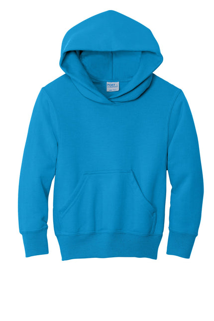Youth Port & Company sapphire fleece pullover hooded sweatshirt with front pocket and drawstring hood, casual and comfortable.