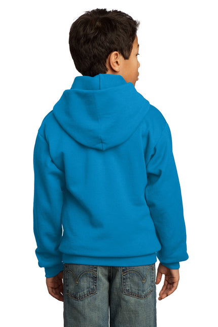 Youth Port & Company Sapphire fleece pullover hoodie with front pocket and adjustable drawstrings, soft and cozy for casual wear.