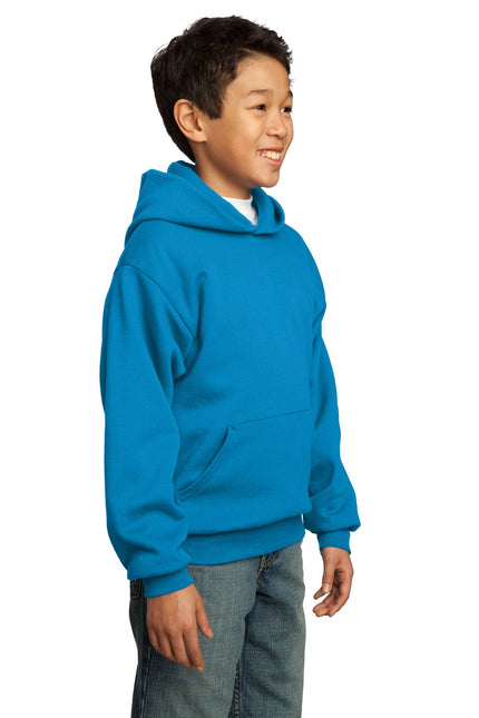 Youth Port & Company fleece pullover hoodie in sapphire, featuring a soft, cozy fabric and adjustable drawstring hood.